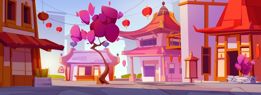 Street view in Japan with cherry blossom cartoon landscape. Sakura tree near japan building and city road in village. Image by upklyak on Magnific