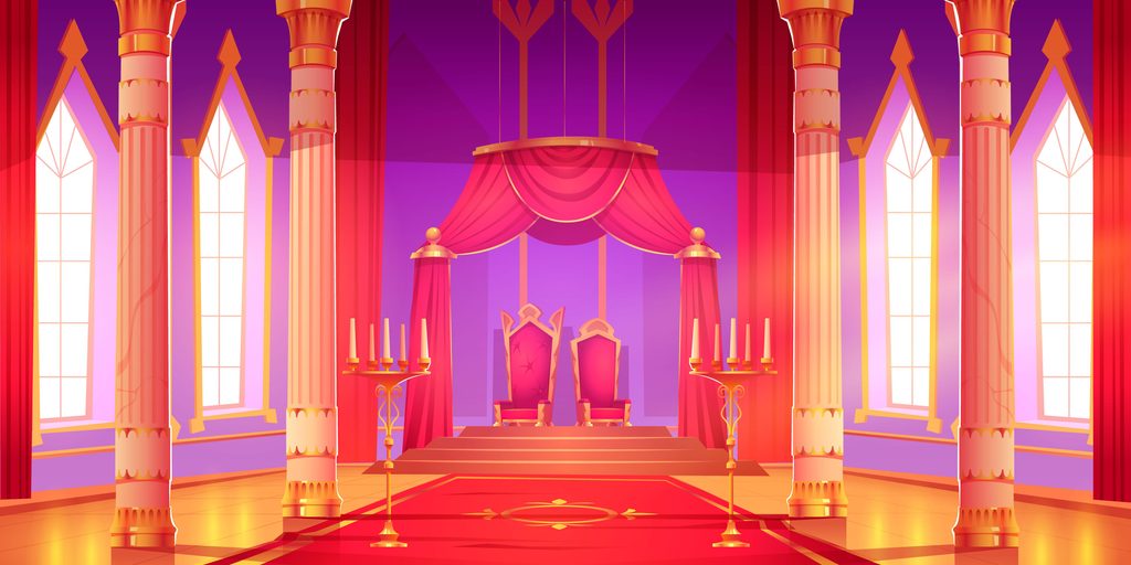 Fantasy royal throne room with two thrones