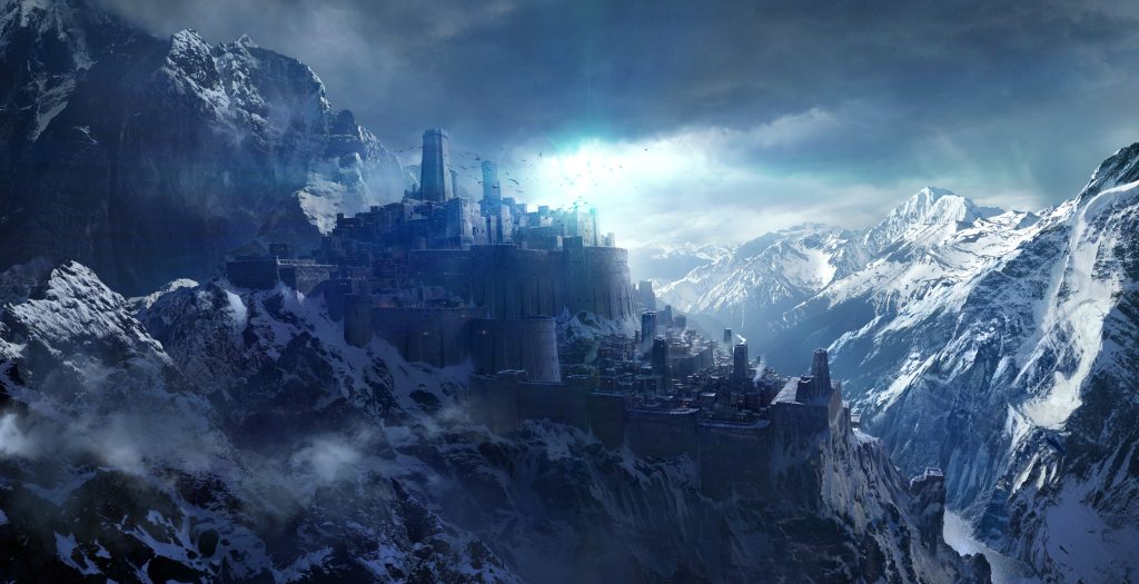 Fantasy castle on a lake beneath snow-capped mountains